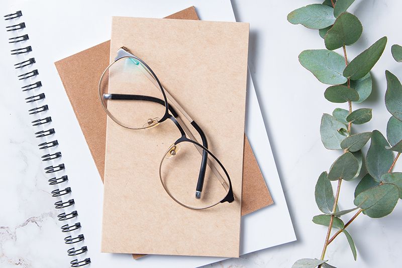 Composición de rama de eucalipto, cuaderno y gafas. Referencia a Psicología para adultos.